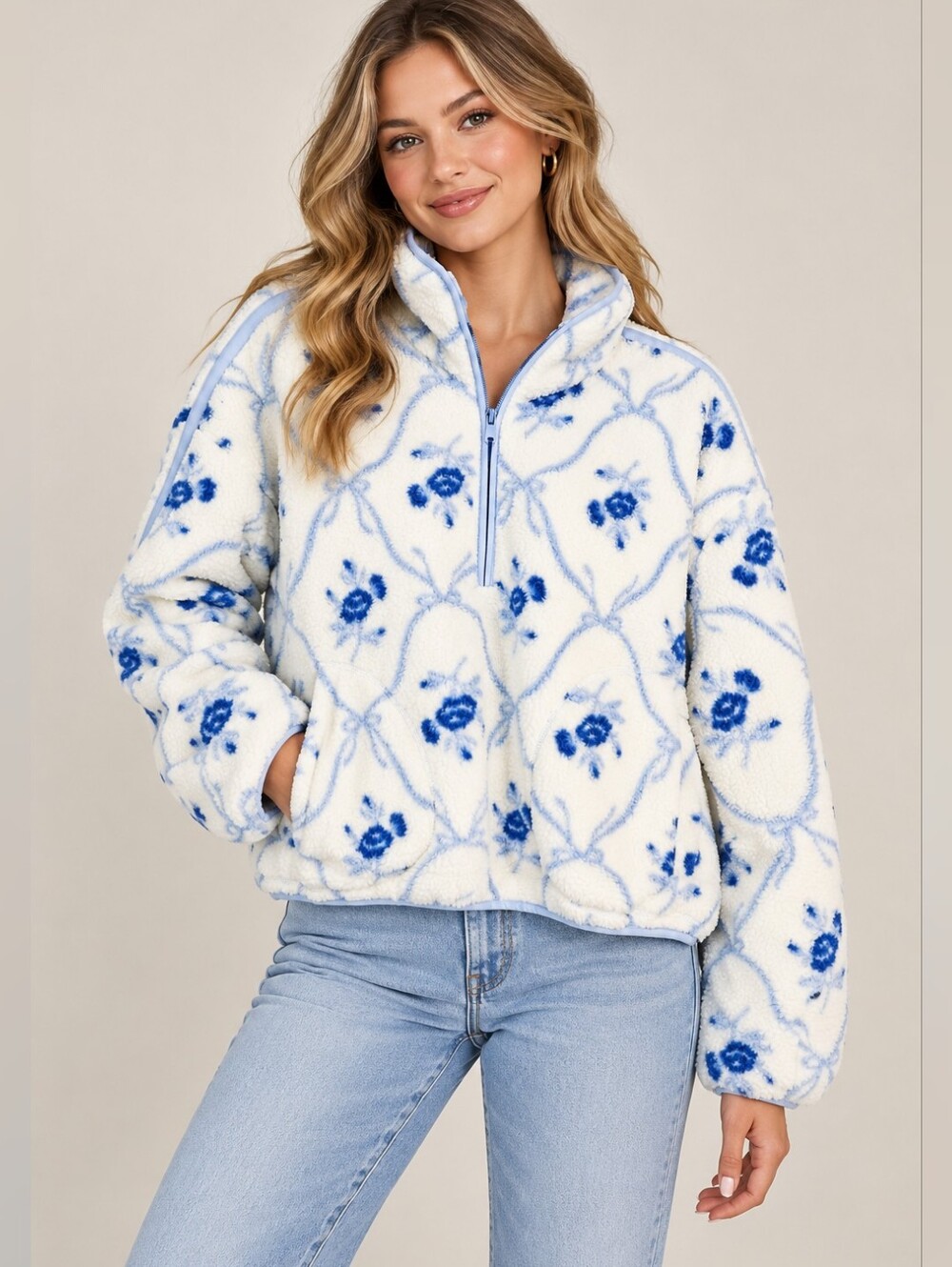 Old Navy White and Blue Floral Sherpa Pullover Jacket